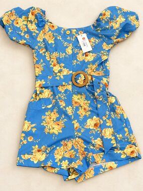 Blue Yellow Floral Puff Sleeve Belted Romper